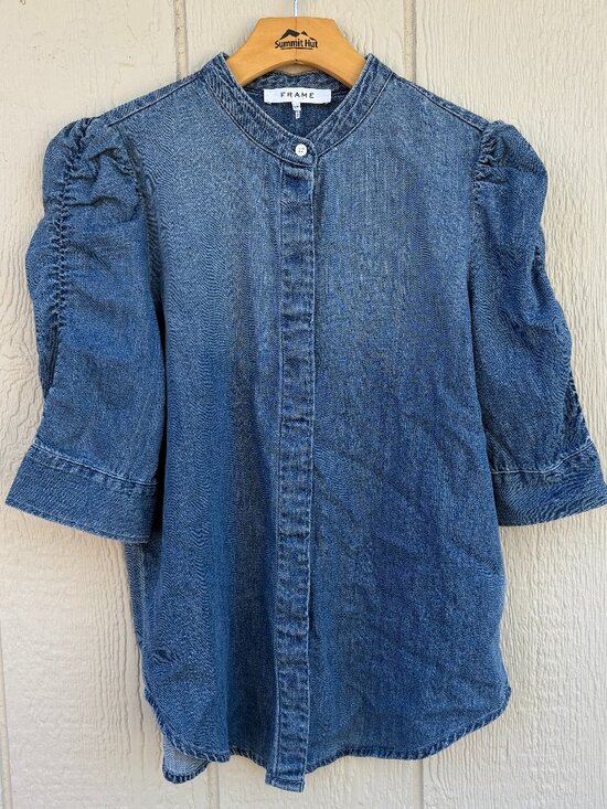 Frame Shirred Sleeve Button Up Shirt Women's Small Blue Denim Chambray Office - Picture 2 of 11
